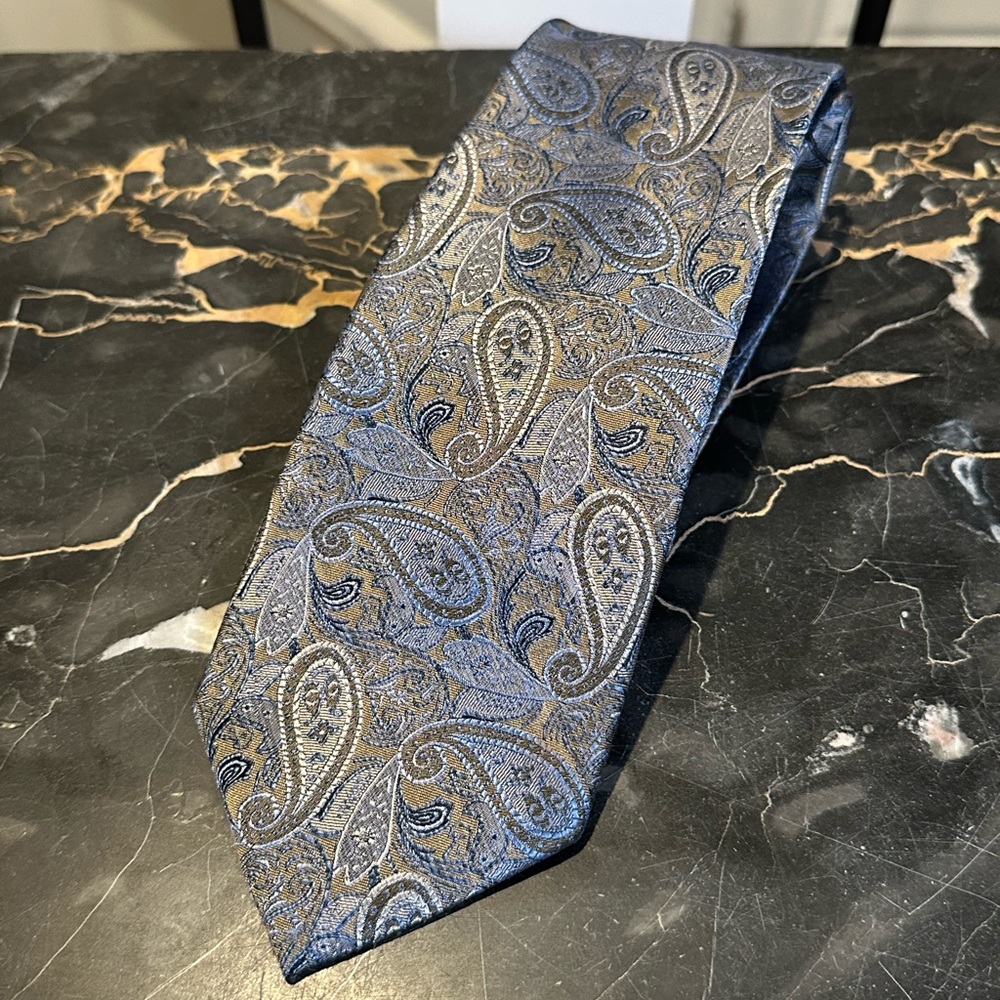 Pronto Uomo Couture Paisley Silk Tie Blue Gold Brown Black